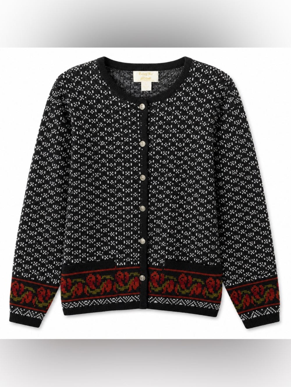 Vintage Tally-Ho Nordic Floral Knit Cardigan Sweater Black White L - Picture 3 of 6